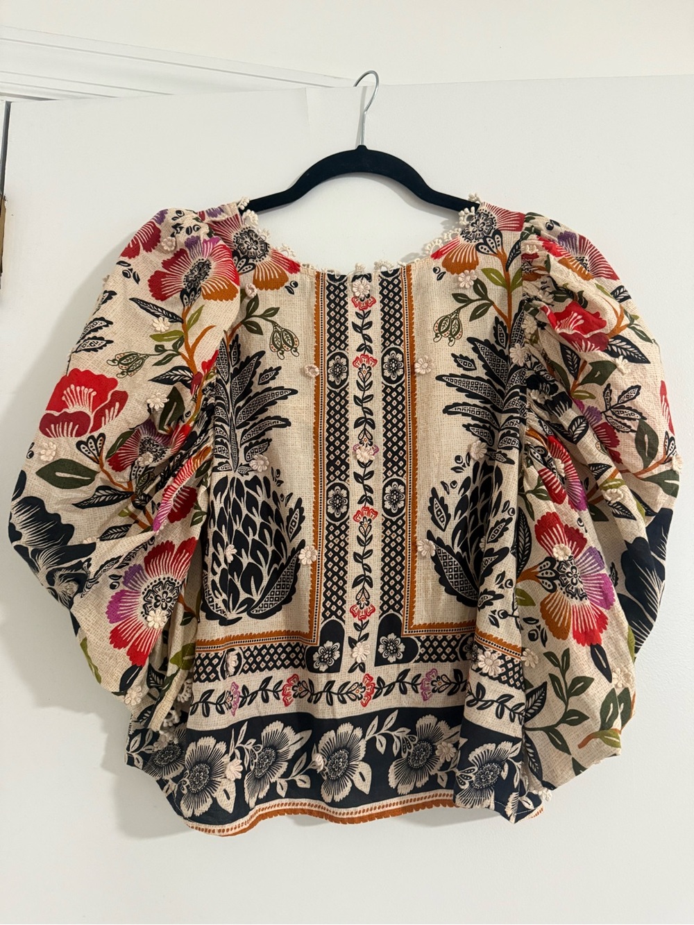 FARM Rio Beige Floral Puff-Sleeve Blouse